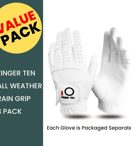 Golf Gloves Men Left Hand Rain Grip Value 3 Pack, All Weather Durable Grip Size Small Medium Large XL White Black Blue Red Brown