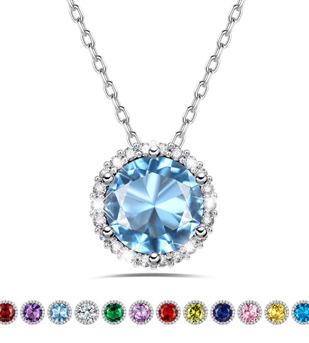 Birthstone Necklace for Women 925 Sterling Silver Necklaces March round Blue Aquamarine Crystal Pendant Gifts for Everyday Wear