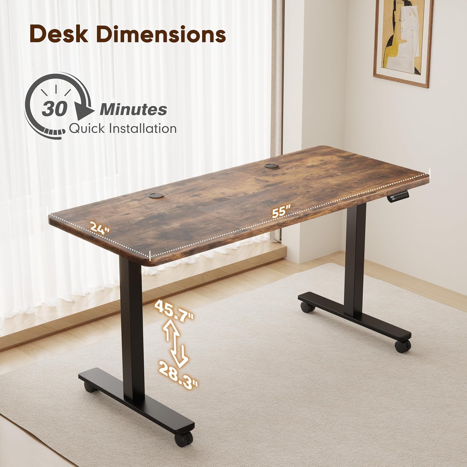 Electric Standing Desk, Height Adjustable Desk 55X 28 Inches, Ergonomic Home Office Sit Stand up Desk with Memory Preset Controller (Black Frame/Rustic Brown Top)