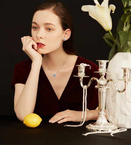 Birthstone Necklace for Women 925 Sterling Silver Necklaces March round Blue Aquamarine Crystal Pendant Gifts for Everyday Wear