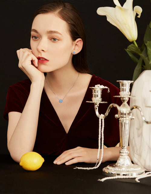 Load image into Gallery viewer, Birthstone Necklace for Women 925 Sterling Silver Necklaces March round Blue Aquamarine Crystal Pendant Gifts for Everyday Wear
