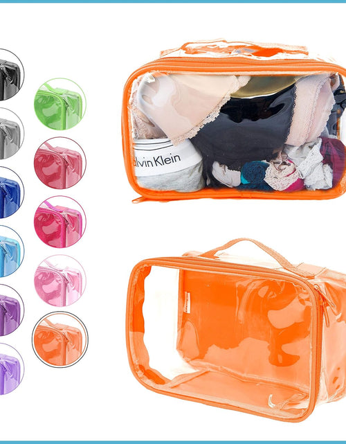 Load image into Gallery viewer, Small Clear Travel Packing Cube/See through PVC Plastic Pouch for Carry on Suitcase, Backpack or Diaper Bag/Transparent Multipurpose Accessories, Makeup &amp; Underwear Organizer W/Handle (Orange)
