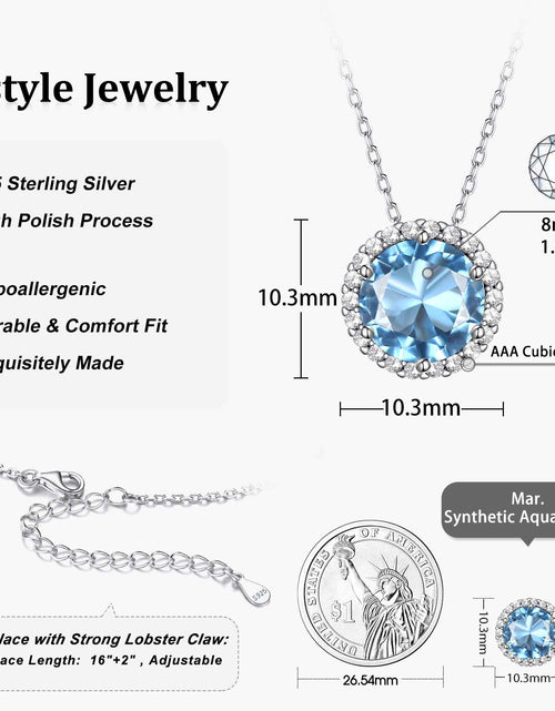 Load image into Gallery viewer, Birthstone Necklace for Women 925 Sterling Silver Necklaces March round Blue Aquamarine Crystal Pendant Gifts for Everyday Wear
