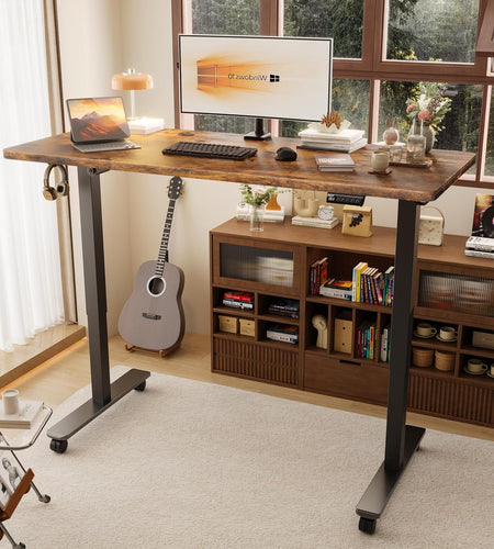Electric Standing Desk, Height Adjustable Desk 55X 28 Inches, Ergonomic Home Office Sit Stand up Desk with Memory Preset Controller (Black Frame/Rustic Brown Top)