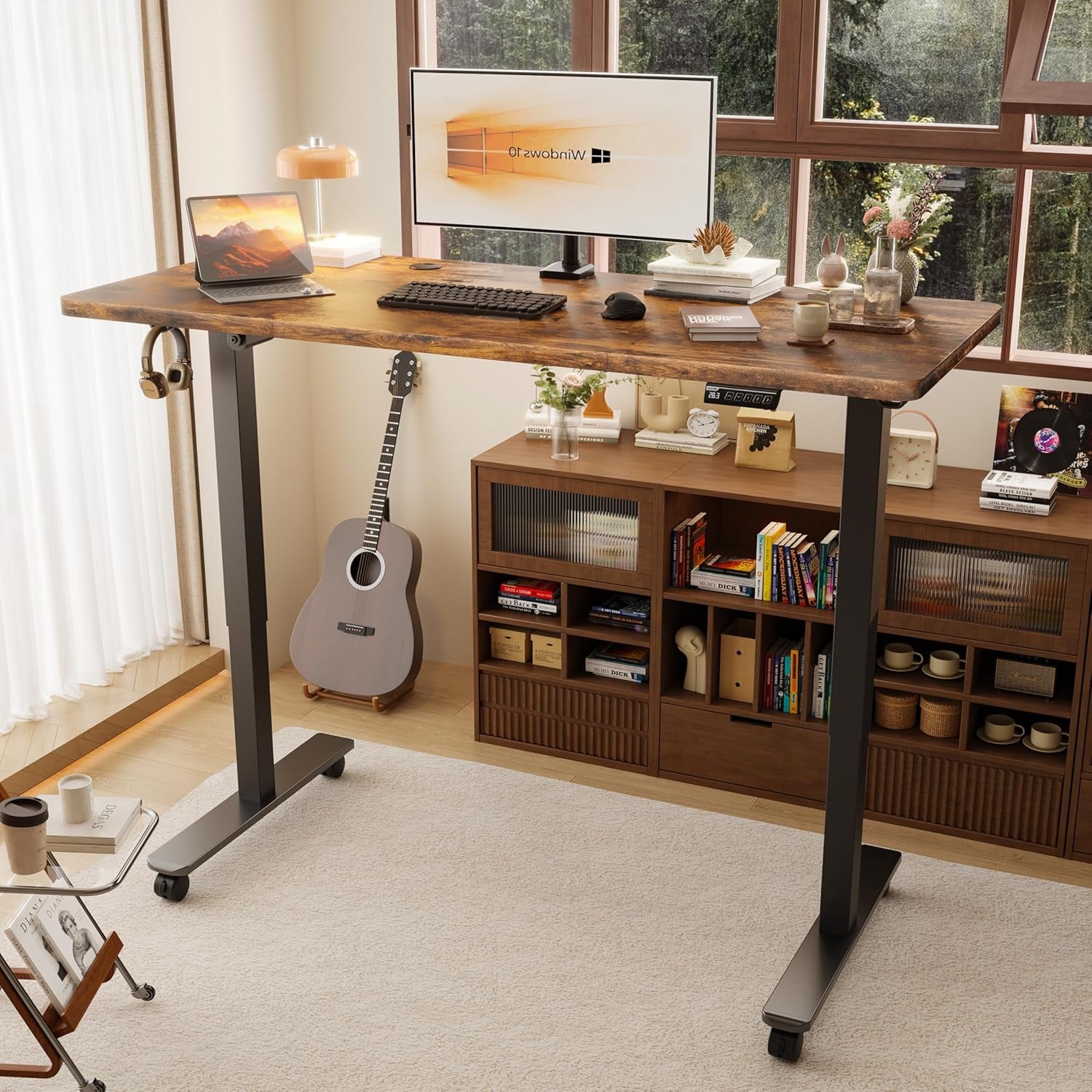 Electric Standing Desk, Height Adjustable Desk 55X 28 Inches, Ergonomic Home Office Sit Stand up Desk with Memory Preset Controller (Black Frame/Rustic Brown Top)