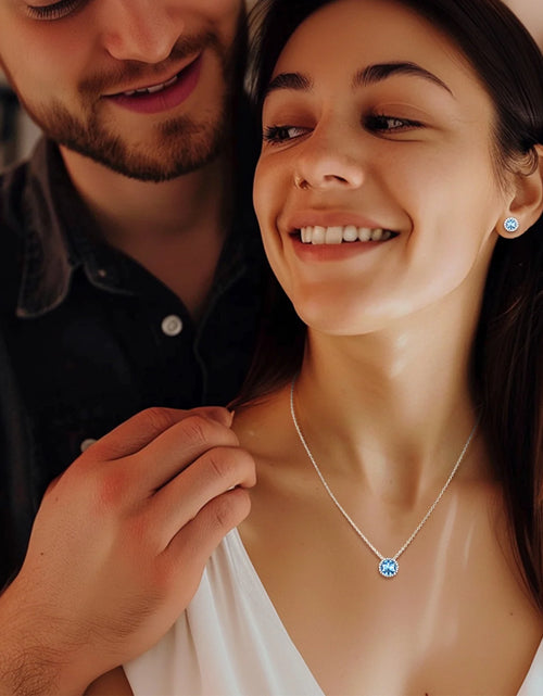 Load image into Gallery viewer, Birthstone Necklace for Women 925 Sterling Silver Necklaces March round Blue Aquamarine Crystal Pendant Gifts for Everyday Wear
